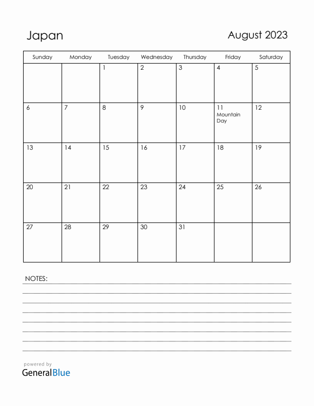 August 2023 Japan Calendar with Holidays (Sunday Start)