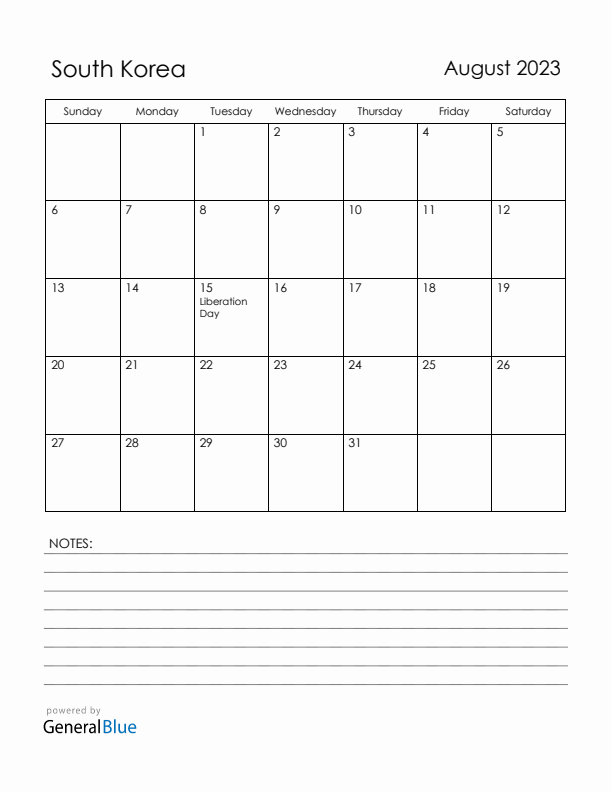 August 2023 South Korea Calendar with Holidays (Sunday Start)