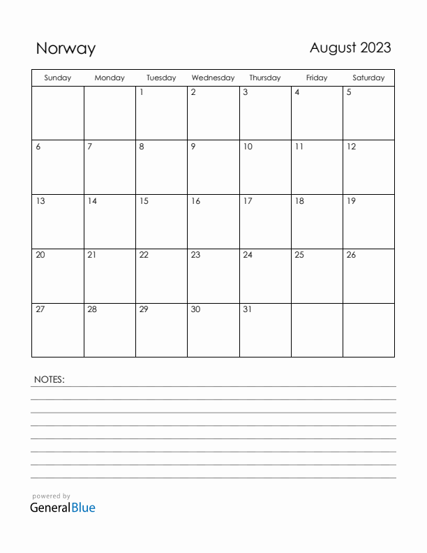 August 2023 Norway Calendar with Holidays (Sunday Start)