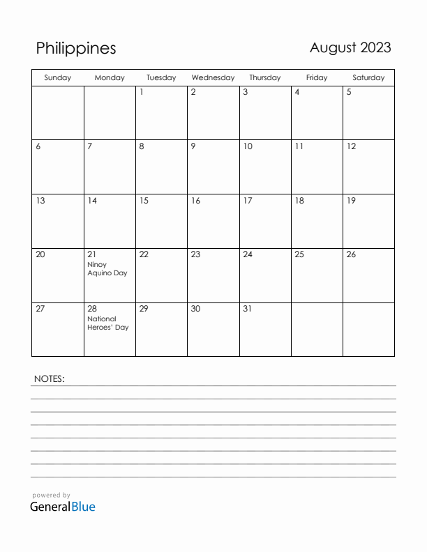 August 2023 Philippines Calendar with Holidays (Sunday Start)