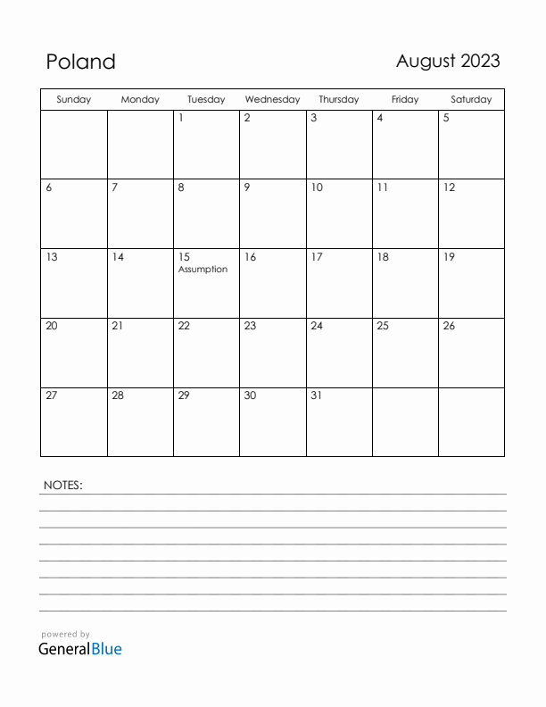 August 2023 Poland Calendar with Holidays (Sunday Start)