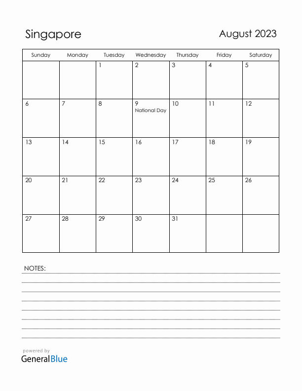 August 2023 Singapore Calendar with Holidays (Sunday Start)