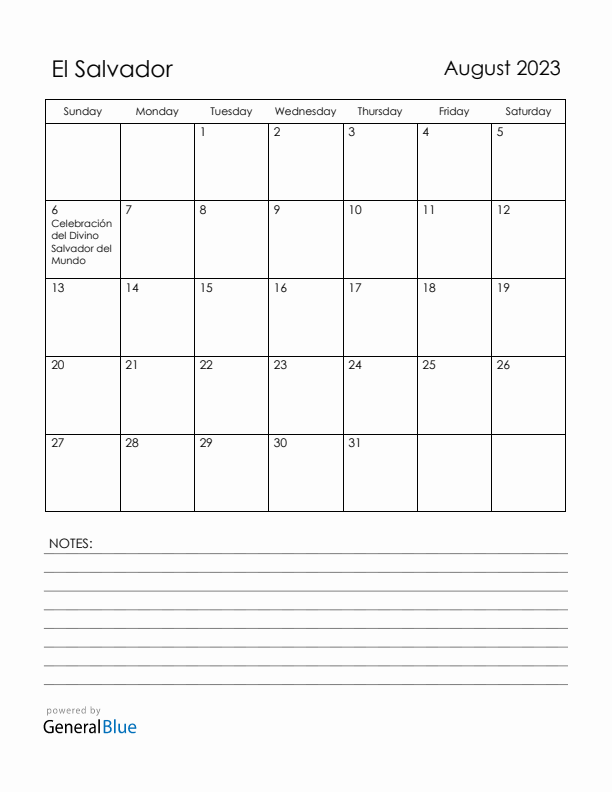 August 2023 El Salvador Calendar with Holidays (Sunday Start)