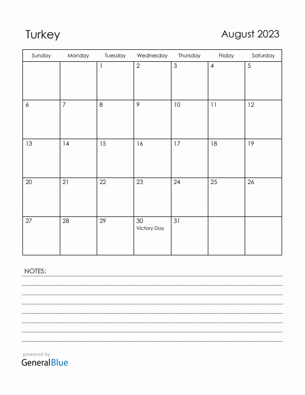 August 2023 Turkey Calendar with Holidays (Sunday Start)