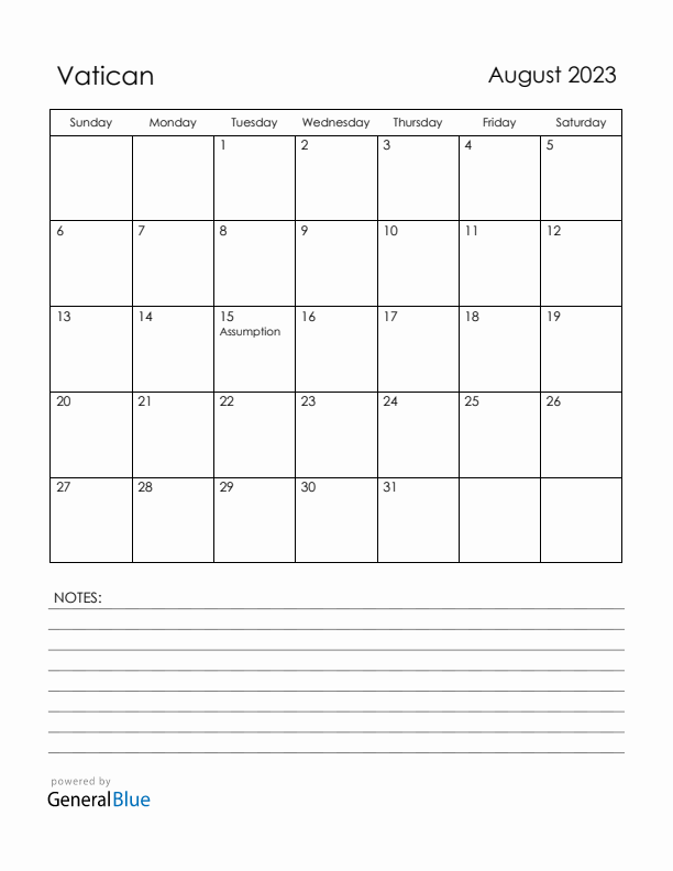 August 2023 Vatican Calendar with Holidays (Sunday Start)