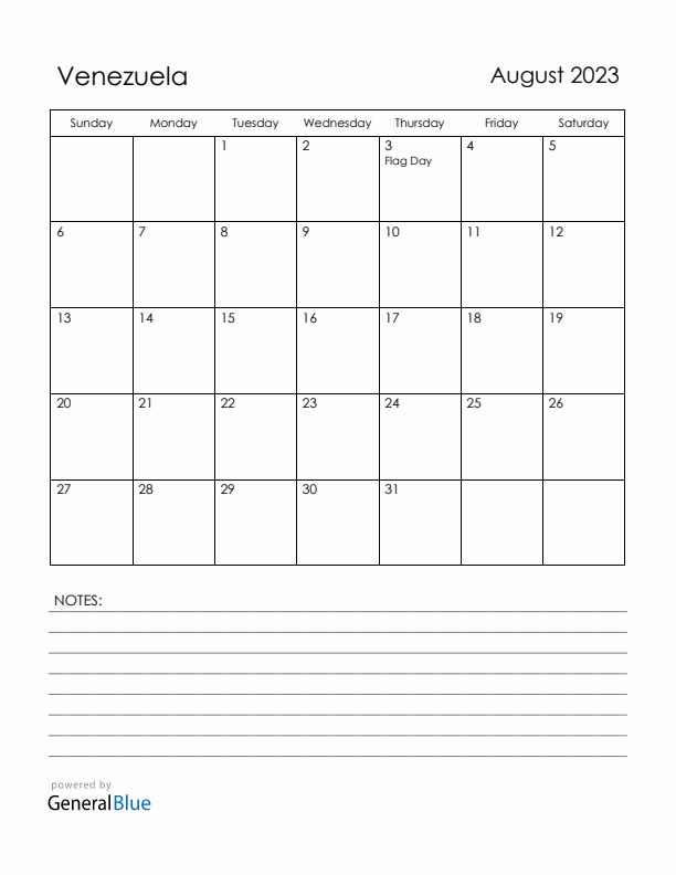 August 2023 Venezuela Calendar with Holidays (Sunday Start)