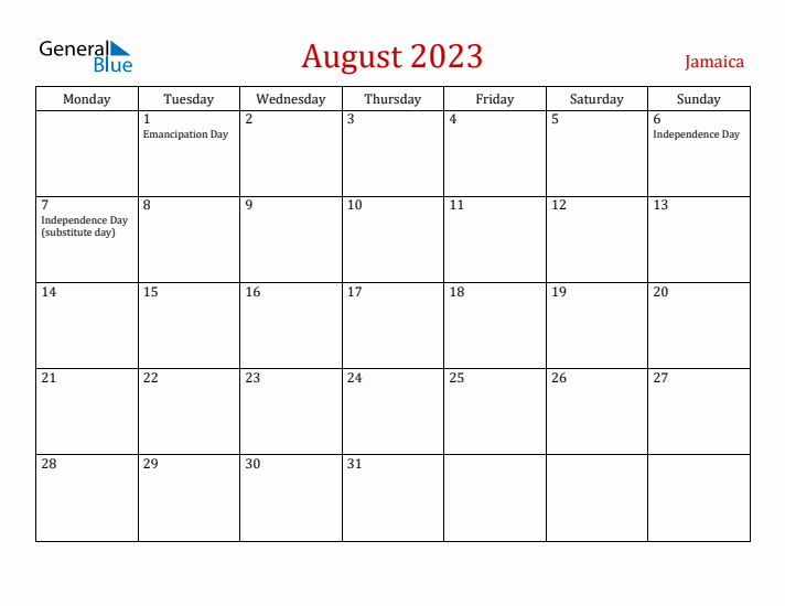 Jamaica August 2023 Calendar - Monday Start