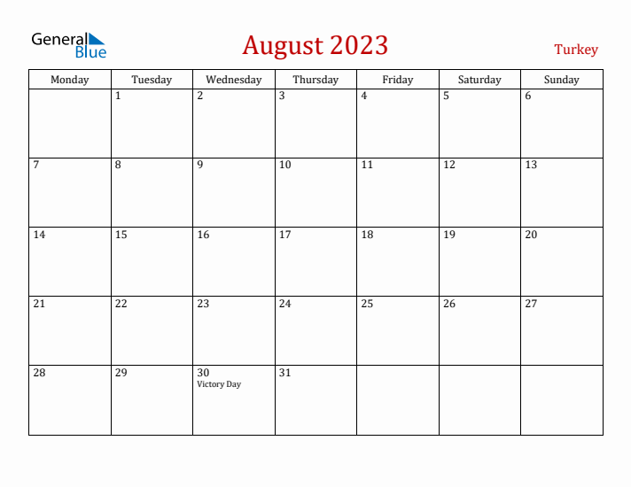 Turkey August 2023 Calendar - Monday Start