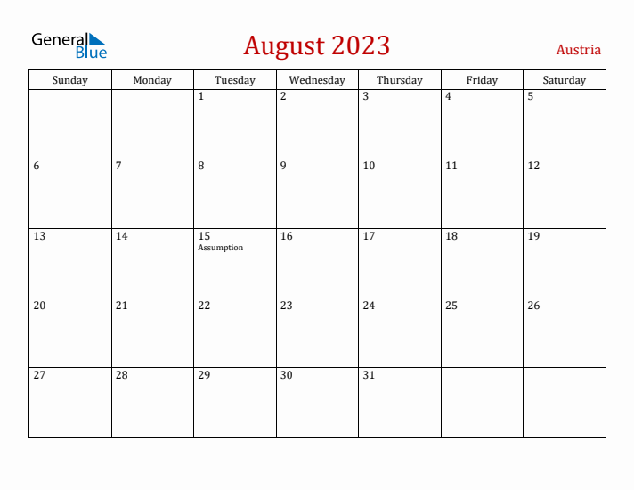 Austria August 2023 Calendar - Sunday Start