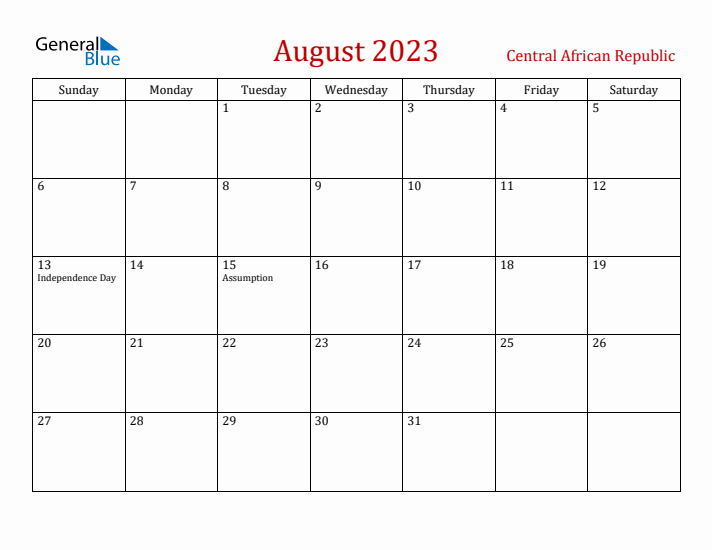 Central African Republic August 2023 Calendar - Sunday Start