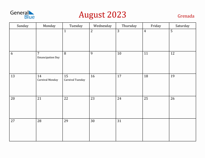 Grenada August 2023 Calendar - Sunday Start