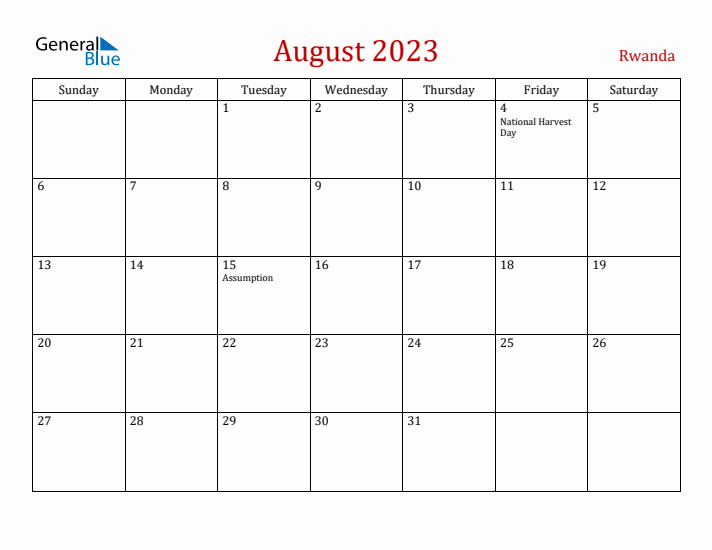 Rwanda August 2023 Calendar - Sunday Start