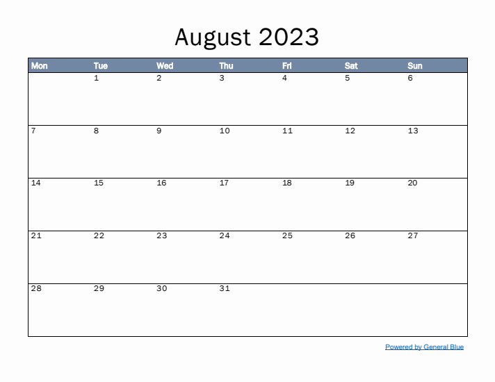 August 2023 Simple Month Calendar Template