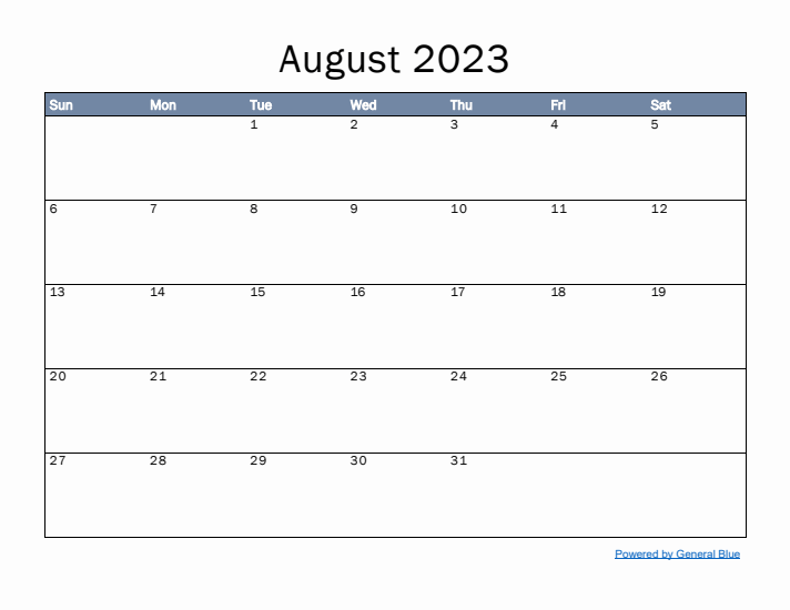 August 2023 Simple Month Calendar Template