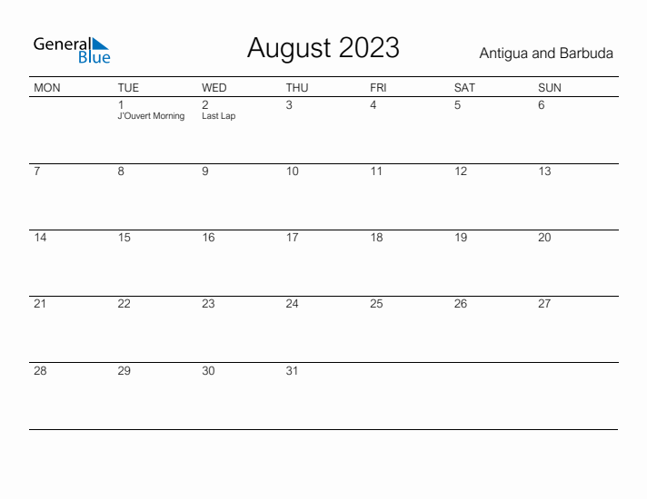 Printable August 2023 Calendar for Antigua and Barbuda