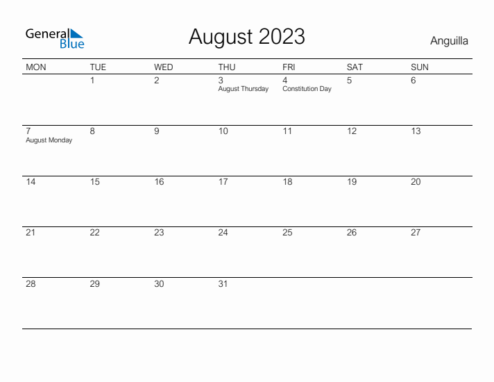 Printable August 2023 Calendar for Anguilla