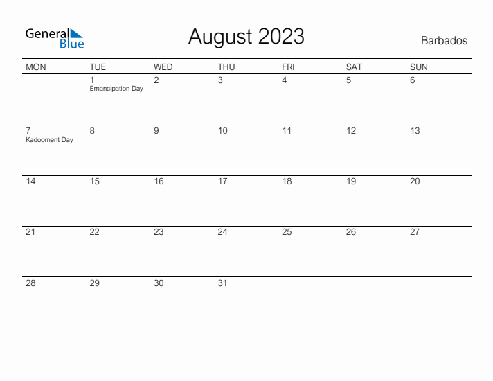 Printable August 2023 Calendar for Barbados