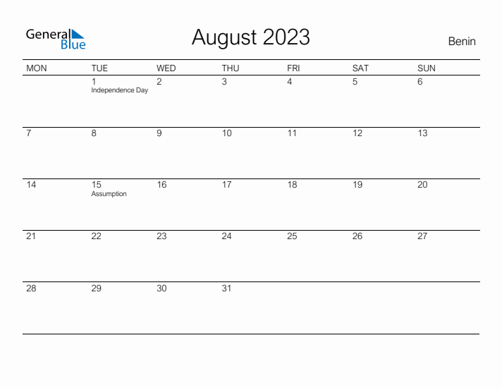 Printable August 2023 Calendar for Benin