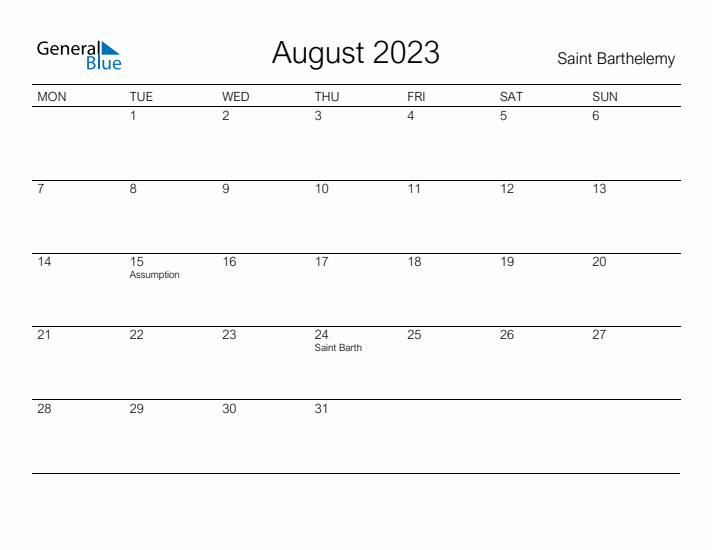 Printable August 2023 Calendar for Saint Barthelemy