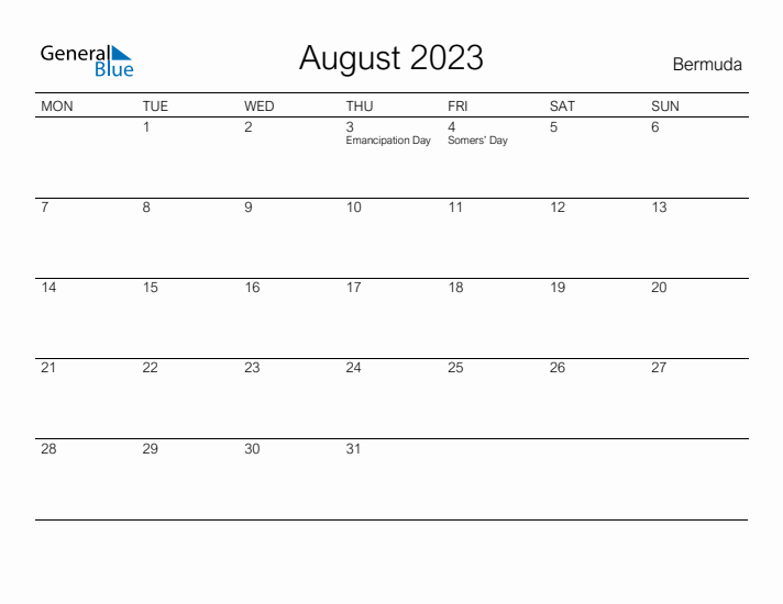 Printable August 2023 Calendar for Bermuda