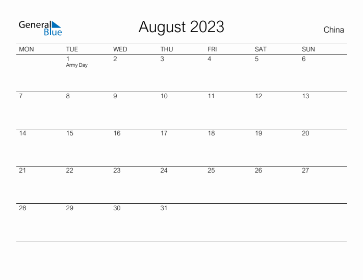 Printable August 2023 Calendar for China