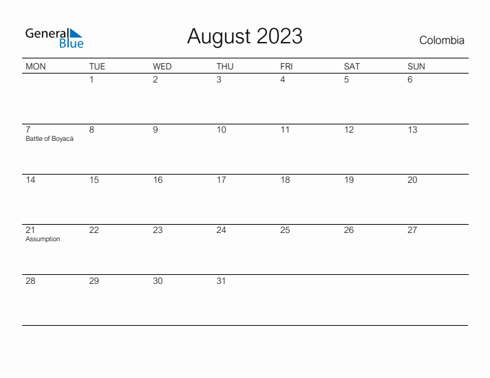 Printable August 2023 Calendar for Colombia