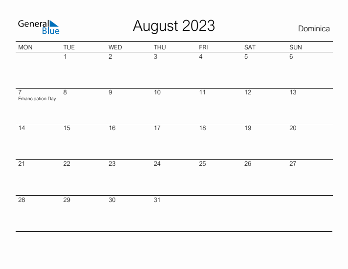 Printable August 2023 Calendar for Dominica