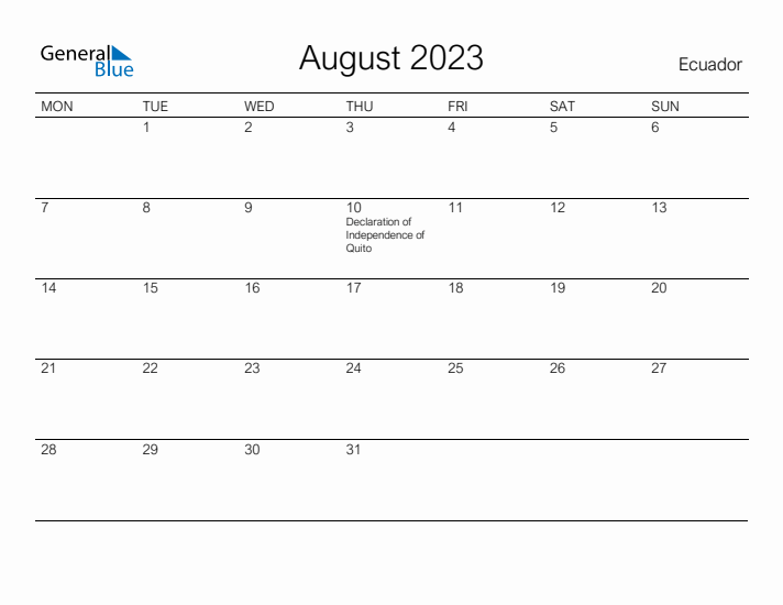 Printable August 2023 Calendar for Ecuador