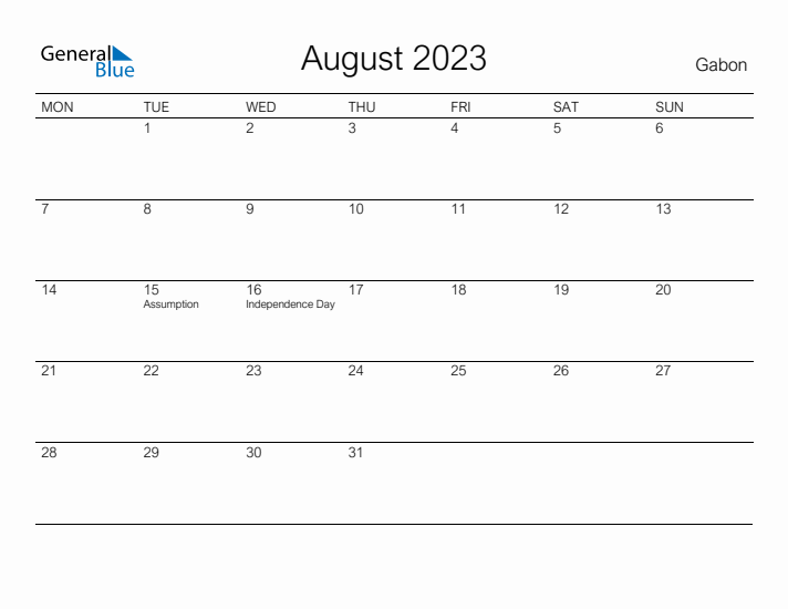 Printable August 2023 Calendar for Gabon