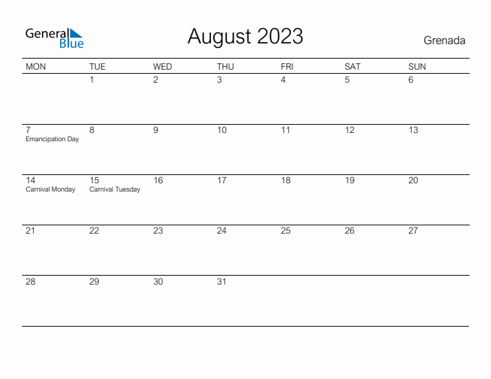 Printable August 2023 Calendar for Grenada