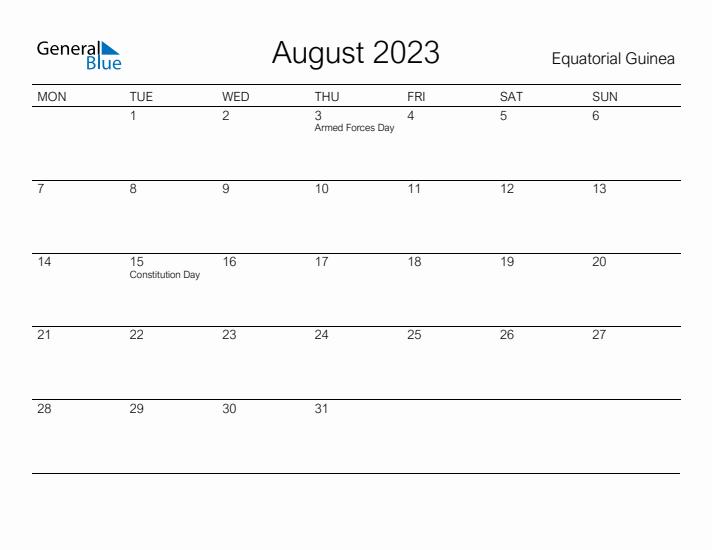 Printable August 2023 Calendar for Equatorial Guinea