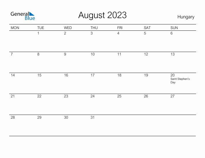 Printable August 2023 Calendar for Hungary