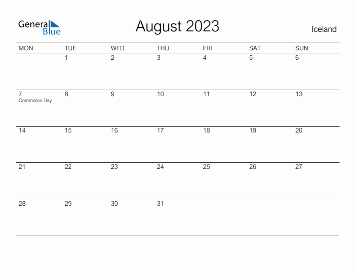 Printable August 2023 Calendar for Iceland