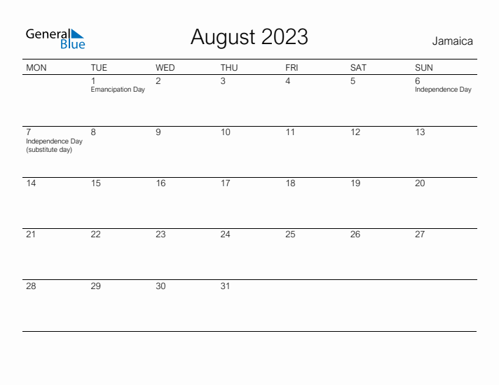 Printable August 2023 Calendar for Jamaica