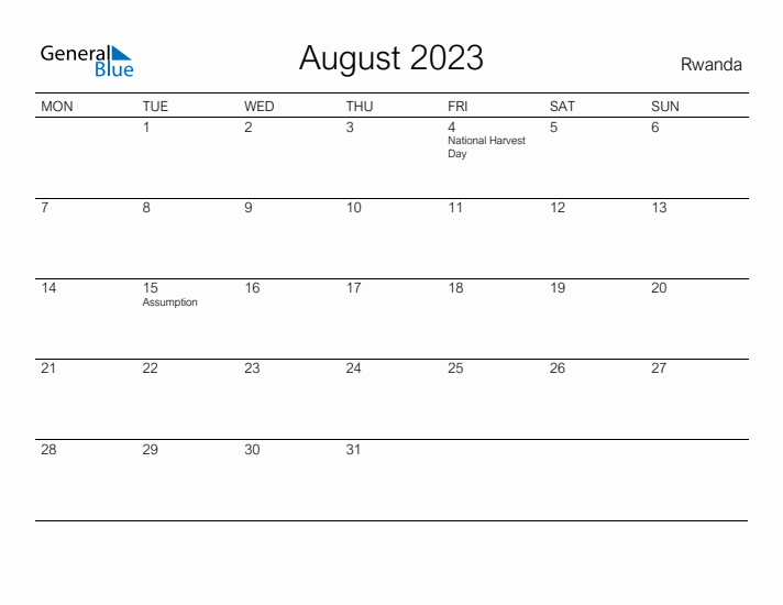 Printable August 2023 Calendar for Rwanda