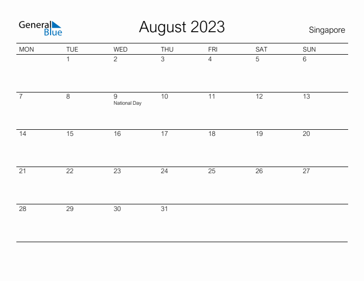 Printable August 2023 Calendar for Singapore