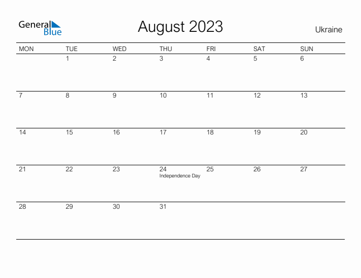 Printable August 2023 Calendar for Ukraine