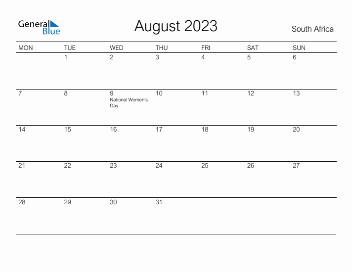 Printable August 2023 Calendar for South Africa