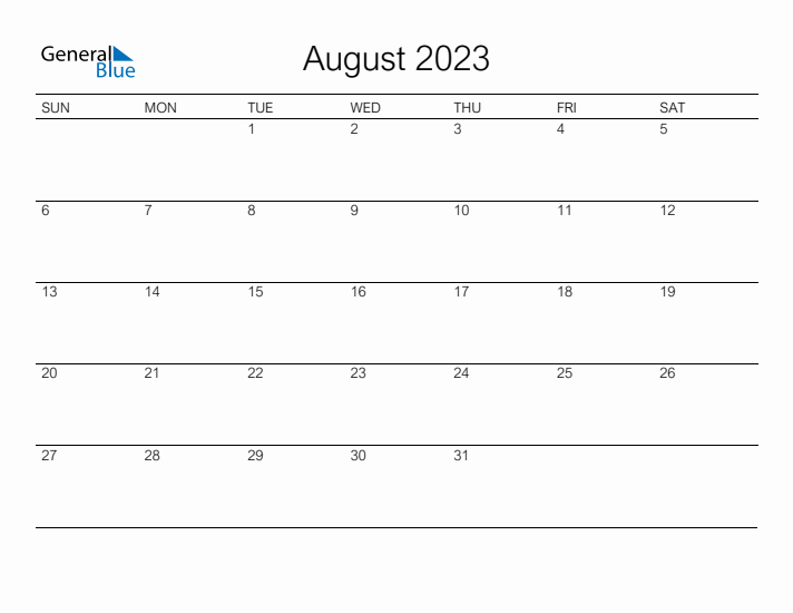 Printable August 2023 Calendar - Sunday Start