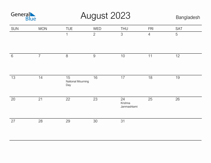 Printable August 2023 Calendar for Bangladesh