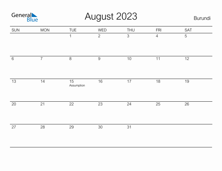 Printable August 2023 Calendar for Burundi