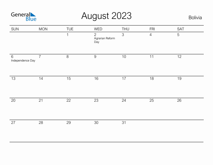 Printable August 2023 Calendar for Bolivia