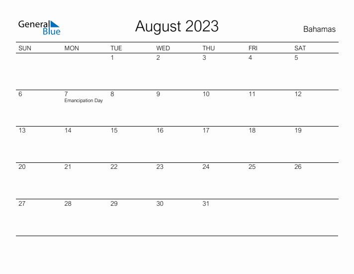 Printable August 2023 Calendar for Bahamas