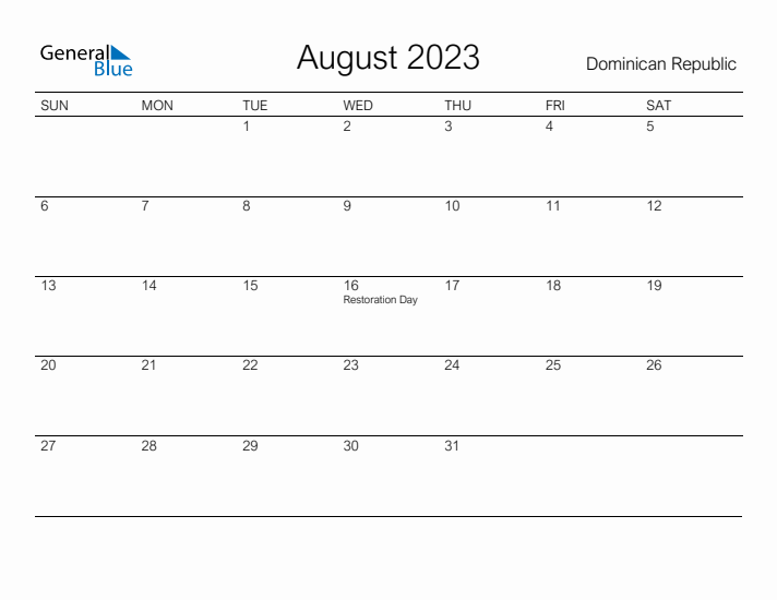 Printable August 2023 Calendar for Dominican Republic