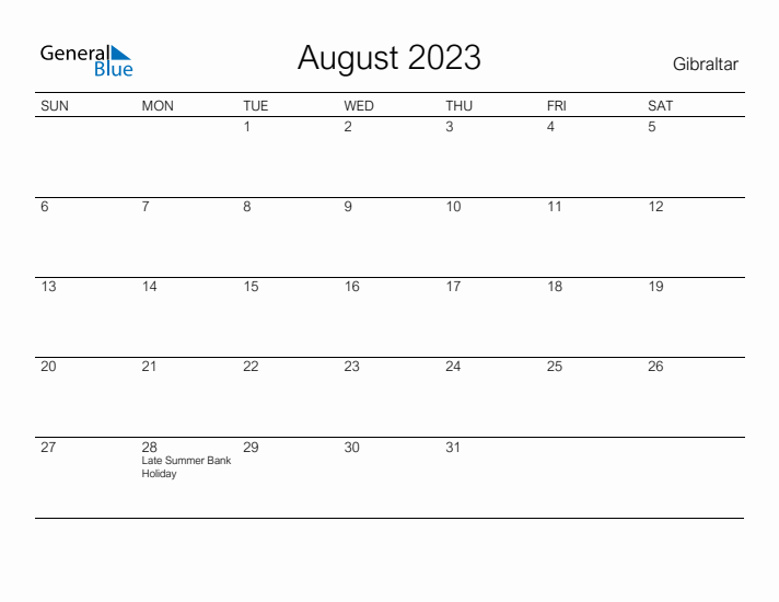 Printable August 2023 Calendar for Gibraltar