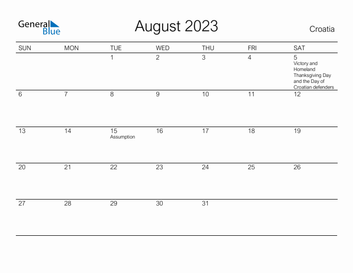 Printable August 2023 Calendar for Croatia