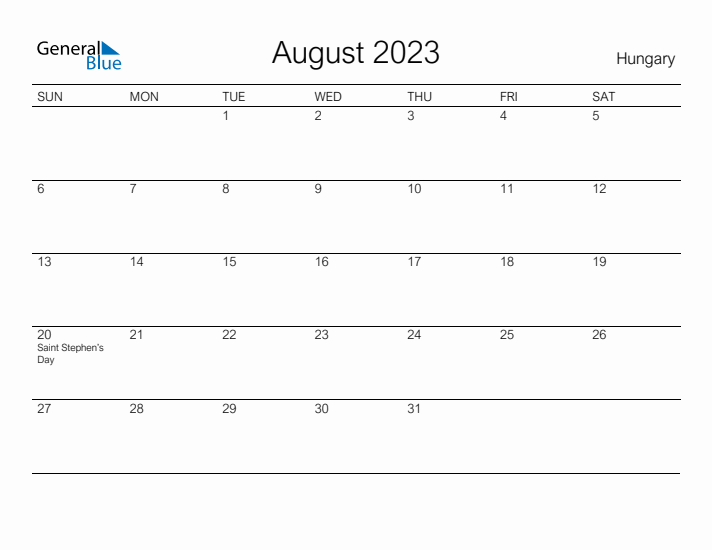 Printable August 2023 Calendar for Hungary