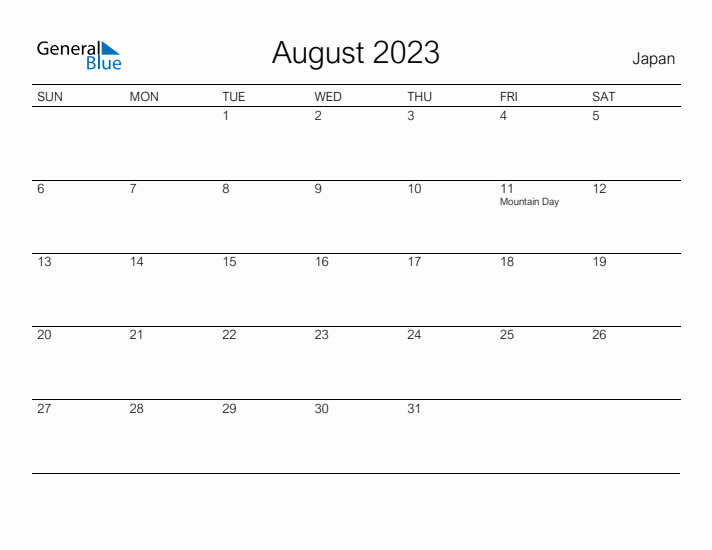 Printable August 2023 Calendar for Japan