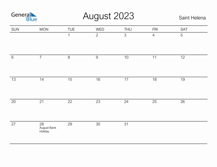 Printable August 2023 Calendar for Saint Helena