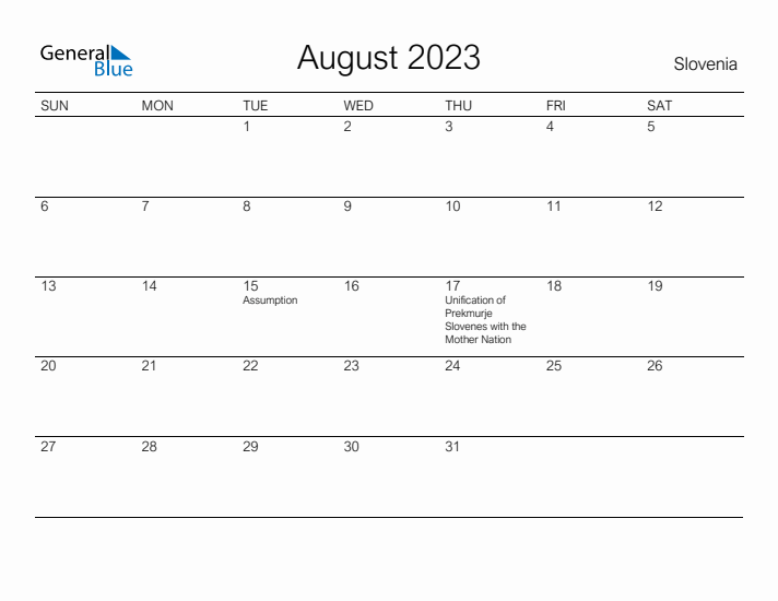 Printable August 2023 Calendar for Slovenia